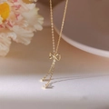 Elegant gold S925 sterling silver bow necklace with delicate tassels and zircons - Gold