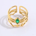 Gold plated titanium steel open ring featuring a green oval gemstone and hollow design - Emerald Star Style (JZ27-1)