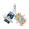 Pendentif soleil et lune en argent 925 avec émail bleu et gemmes jaunes - Pendentif Carte de Clow Soleil et Lune 0515