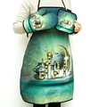 Green and gold kitchen set with mosque pattern including apron, glove and pot holder - Green Castle (Ramadan Theme)