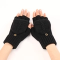 Women's black cable-knit convertible flip top fingerless gloves for winter warmth - Black