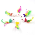 Set of 6 plush mouse cat toys with colorful fur backs and vibrant feather tails - Little Mouse