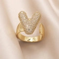 Adjustable gold plated open ring featuring a sparkling heart set with cubic zirconia - Small / Heart Style