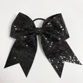 Detail of 8 inch large black sequined bow hair tie with high elastic rubber band - Black