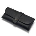 Vintage black pebble leather eyewear case with a folding gold button clasp closure - Black Leather Case + Cloth