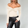 Chic beige off-shoulder long sleeve top with ruffle knot detail and slim fit Y2K style - S / Apricot