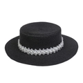 Elegant black flat top straw hat with white lace ribbon and pearl accents for women - Pearl Lace Decor Band Style (302M)