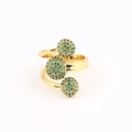 Golden spiral open ring with three spheres micro-set with green cubic zirconia crystals - Adjustable Open / Triple Ball Green Zircon Style