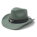 Sage green woven straw cowboy hat with silver bull head emblem and studded leather band - M (56-58cm) / Water Lily Green