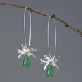 Elegant S925 sterling silver spider lily earrings with green chalcedony water drops - Silver