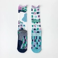 Sheer glass silk socks featuring colorful geometric patchwork and asymmetric patterns - One Size / Deep and Light Blue