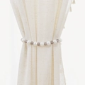 Elegant white faux pearl and grey bead curtain tieback displayed on linen fabric - Grey Pearl Tieback