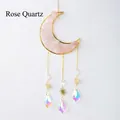Golden moon sun catcher with natural rose quartz stones and colorful crystal prisms - Rose Quartz Moon Chime Pendant