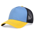 Side view of five-panel trucker hat with blue front, yellow visor and black mesh - Blue and Yellow