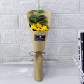 Detail of soap sunflower bouquet in kraft paper with Best Wishes sticker and twine bow - Amber