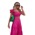 Set rosa due pezzi in pizzo sangallo con crop top cut-out e pantaloni larghi - S / Rosa Rosso