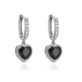 Detail of silver huggie hoop earrings with black heart stones and micro-pave setting - Platinum Black Zirconia