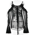 Miniabito sexy in rete nera trasparente con maniche lunghe e dettagli con volant - S / Nero
