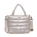 Quilted off-white puffy tote bag in glossy nylon fabric with adjustable strap - White