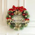 35cm Christmas wreath with red bow, gold bells and Merry Christmas sign decoration - 30CM Bell Style