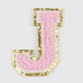 Pink chenille letter J patch with gold glitter borders for passport cover DIY - Letter J