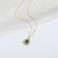 Vintage teardrop emerald pendant necklace with halo zircons on golden chain - Green