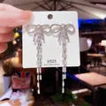 Elegant S925 silver bow tassel earrings with sparkling crystals and drop zircons - E0249 Silver Needle (Bow Zircon Long Tassel Silver)