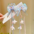 Traditional fairy style hair clips with blue and pink fabric flowers and long tassels - Chunxi Blue Flower Butterfly