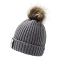 Grey knit winter hat with large faux fur pompom and MAMA letter patch detail - Pom Pom MINI Style / Light Gray