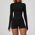Slim fit black yoga set with long sleeve zipper top and matching athletic shorts - S / 6116 Jacket + 9300 Shorts / Premium Black