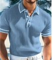 Light blue men's slim fit short sleeve polo shirt with vertical texture and white piping - 3XL / Blue