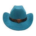 Cappello da cowboy in camoscio ciano con fascia leopardata e fibbia in bronzo vintage - Verde Pavone (Cintura Testa di Leopardo)