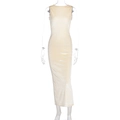 Elegante abito lungo in velluto crema beige senza maniche con spacco laterale - S / Albicocca