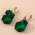 Vintage dark green floral drop earrings with matte gold metal studs for women - Dark Green