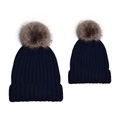 Detail of navy blue ribbed knit parent-child hat set with brown faux fur pom-poms - Parent-Child Set / Navy Blue