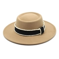Elegant khaki wool felt boater hat with black ribbon and white pearl chain trim - Khaki