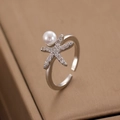 Starfish pearl open ring in silver finish with pavé cubic zirconia and white pearl - Silver Pearl Starfish Open Ring (A-547)