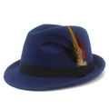 Classic dark blue wool fedora hat with elegant ribbon and colorful feather accent - One Size(58cm) / Dark Blue
