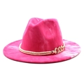 Fuchsia tie-dye fedora hoed met brede rand en gouden ketting voor dames en heren - M (56-58cm) / Rozerood