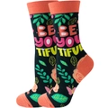 Detail of floral knit socks with butterflies and 'BE YOU TIFUL' quote in orange and black - EU 36-42 / Be you tiful Dark Green Flower