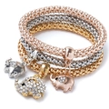 Three-piece stretch mesh bracelet set in gold, silver, and rose gold with elephant charms - 1042 Elephant Set