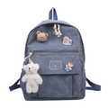 Grijsblauwe corduroy rugzak met schattig berenborduurwerk en een pluche hanger - Enkele Tas (Zonder Hanger/Badge) / Blauw