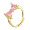 Adjustable gold ring featuring a pink heart-shaped zircon bow and sparkling accents - Gold Pink Triangle Bow (G-424)