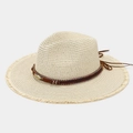 Detail of straw hat featuring ethnic bands, colorful beads, and a gold feather charm - M (56-58cm) / Beige