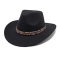Classic black wide-brim felt hat featuring a tribal band with an evil eye ornament - M(56-58cm) / Black