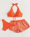 Three-piece vibrant orange bikini set with wavy geometric patterns and halter top - S / Orange