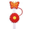 Silicone straw cover set featuring a red butterfly and yellow daisy flower charm - Red Yellow Butterfly Daisy