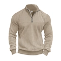 Men's khaki half-zip knit sweater featuring vintage cable and geometric textures - S / Khaki