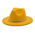 Close-up of bright yellow fedora hat featuring a chunky silver metal chain band detail - M(56-58cm) / Yellow