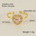18K gold plated stainless steel adjustable ring with pink heart zircon and small diamonds - Pink (Pink Zircon)